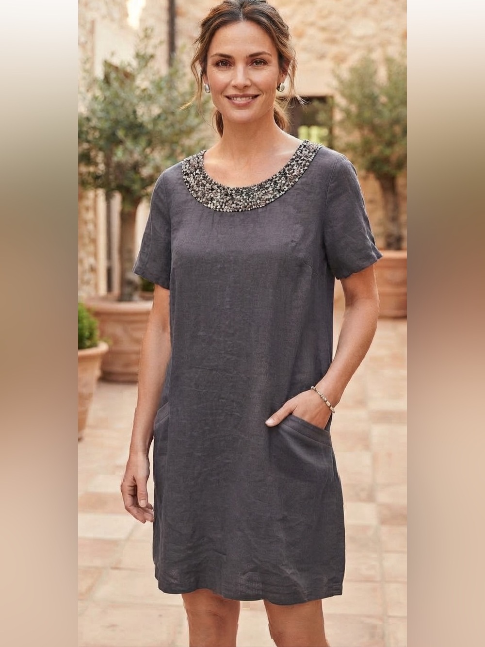 Lina Tomei Made in Italy 100% Linen Beaded Navy Shift Dress Sz L Pockets Panels